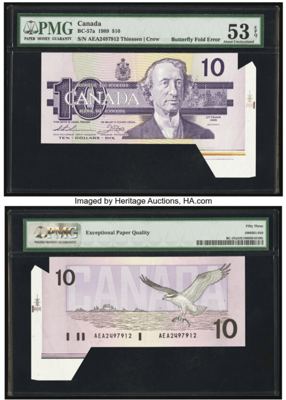 A large butterfly fold error is found on the right half of this $10 bill.