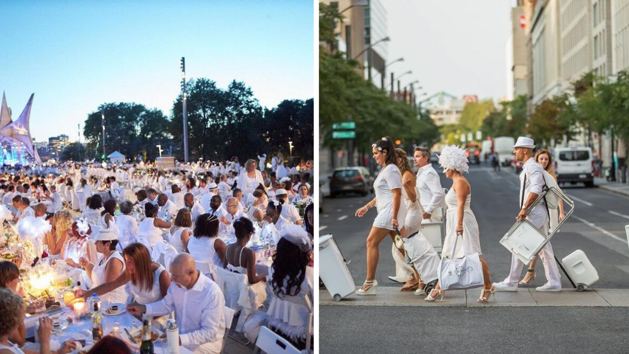 A large crowd of people dressed in white sitting at outdoor tables, eating. Right: People dressed in creative white outfits hold chairs and bags as they cross a Montreal street.