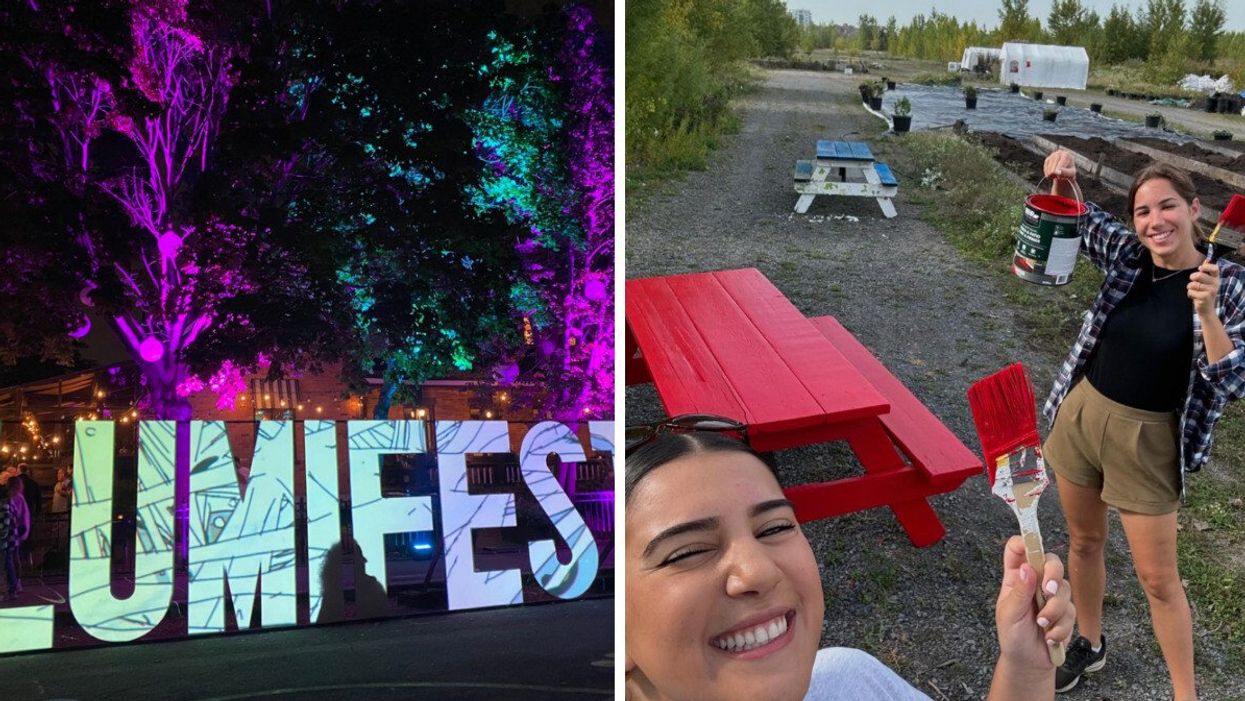 A large Lumifest sign at Longueuil's Lumifest. Right: Volunteers prepare for MultiCaf and the INARI Network's Harvest Festival.