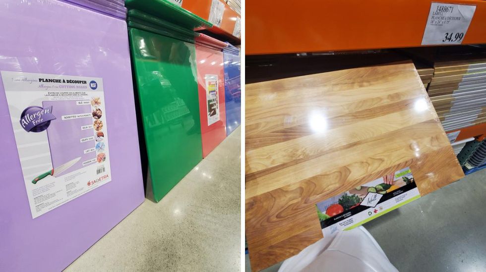 A light purple, green, red and blue plastic cutting board rest on a shelf. Right: A large wooden cutting board.