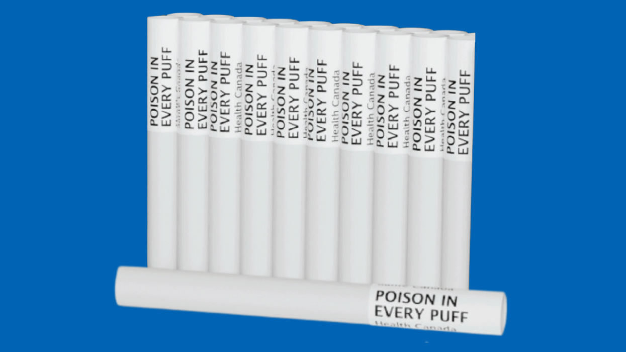 A line of cigarettes on a blue background with "POISON IN EVERY PUFF" printed on each filter.