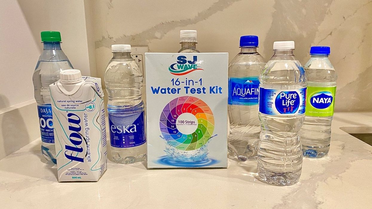 A lineup of bottled water sold in Canada including Dasani, Flow, Eska, Aquafina, Pure Life, Naya and Smart Water.