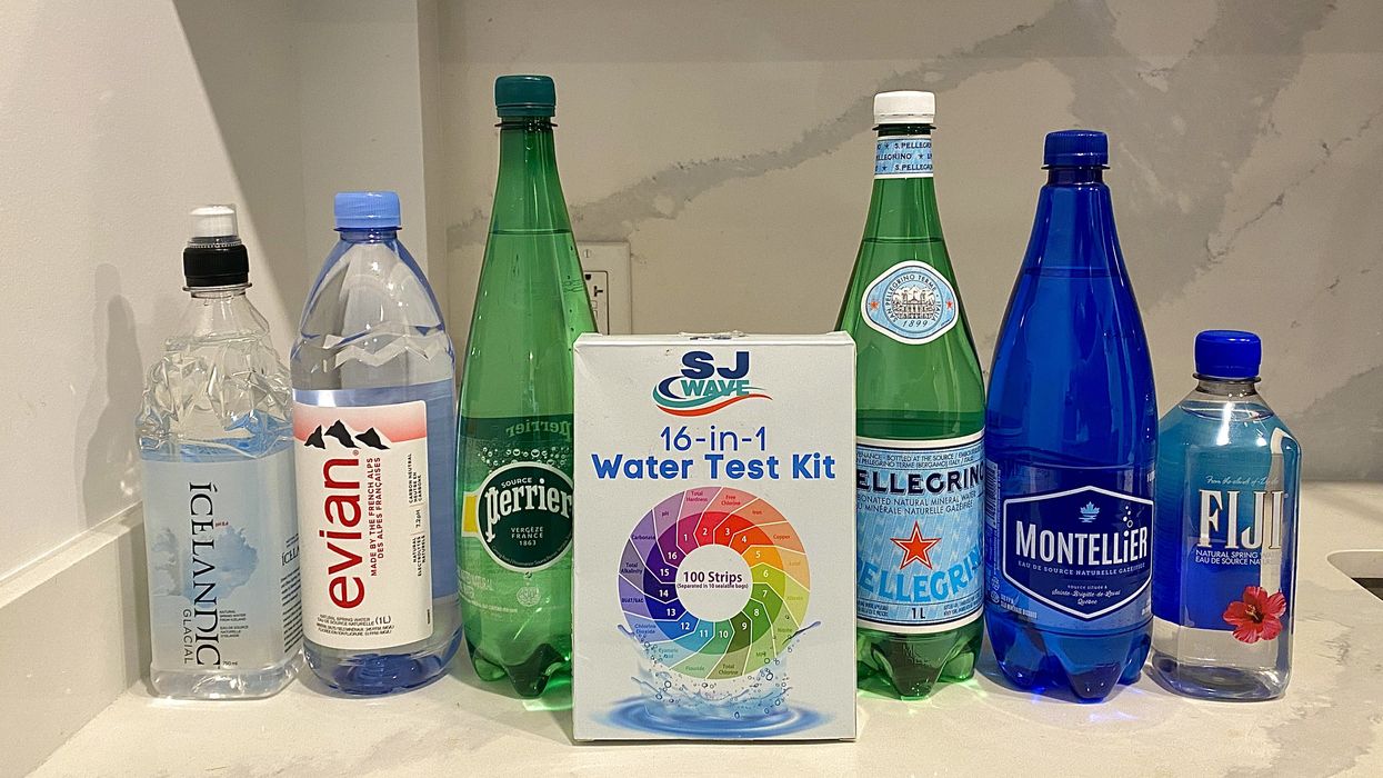 A lineup of fancy water bottle brands sold in Canada including Icelandic, Evian, Fiji, Perrier, Montellier and San Pellegrino.