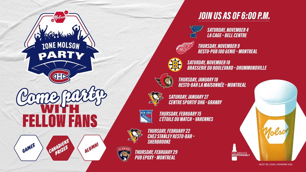 A list of dates and locations where fans can attend a Molson Zone Party.
