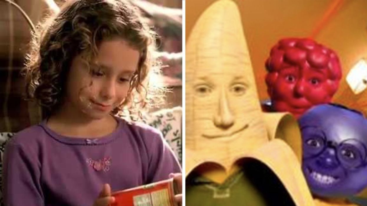 A little girl holding a can of Chef Boyardee from a commercial in the 2000s, Right: The Fruit Gushers banana, raspberry and blueberry heads from the 2000s commercial.