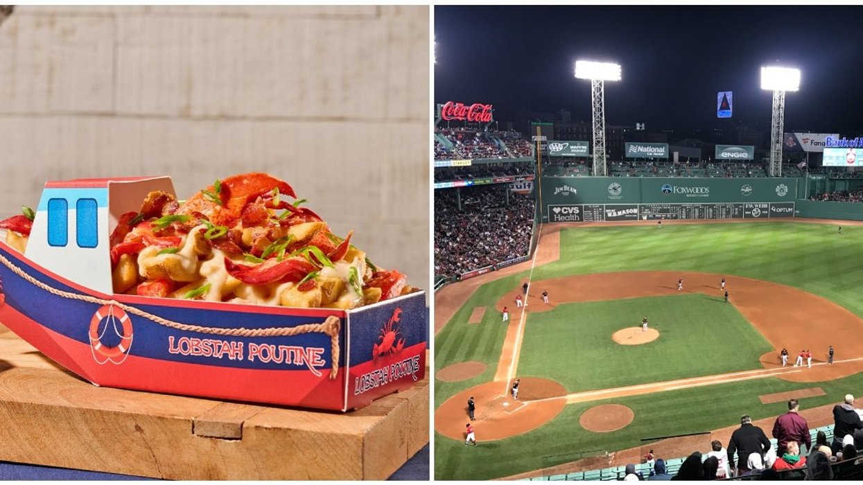 A lobster poutine. Right: Fenway Park in Boston.