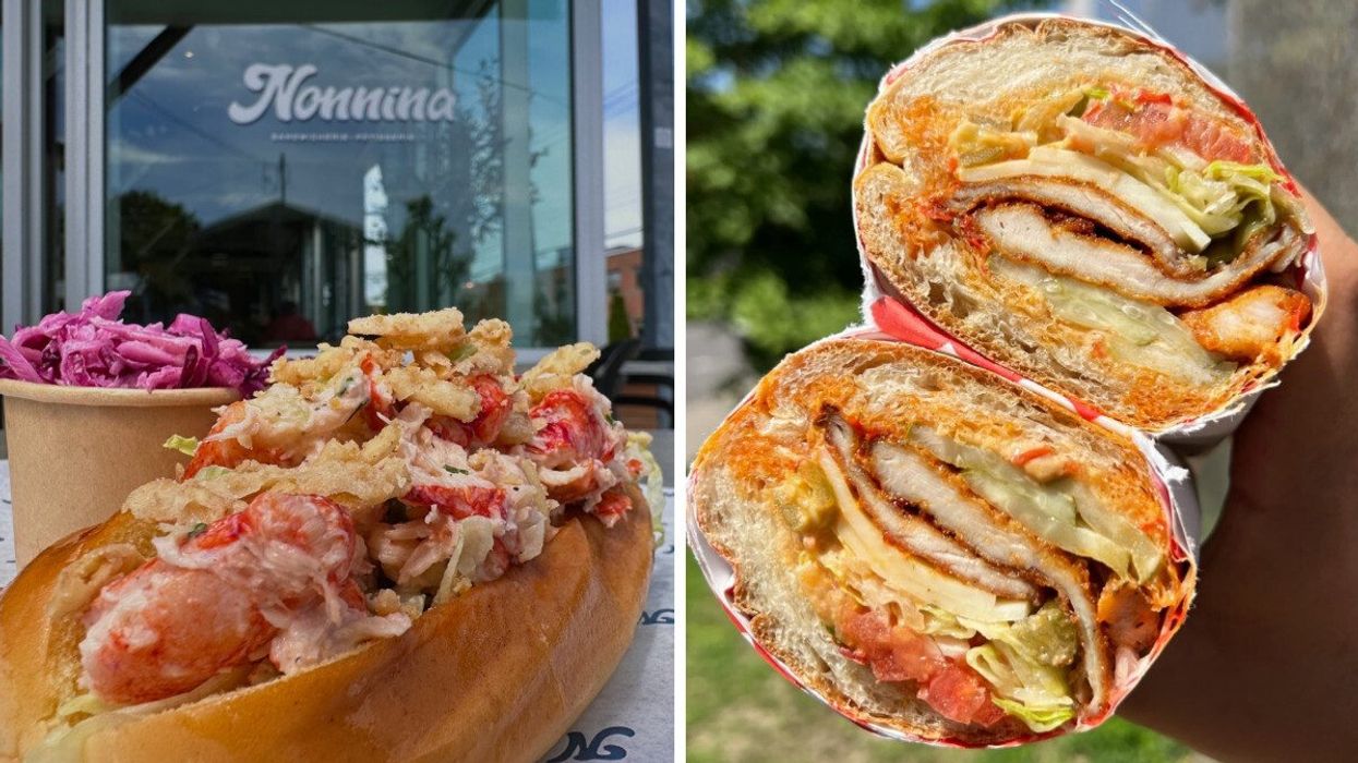 A lobster roll from Nonnina in Montreal. Right: A giant sandwich from Bossa, Montreal.