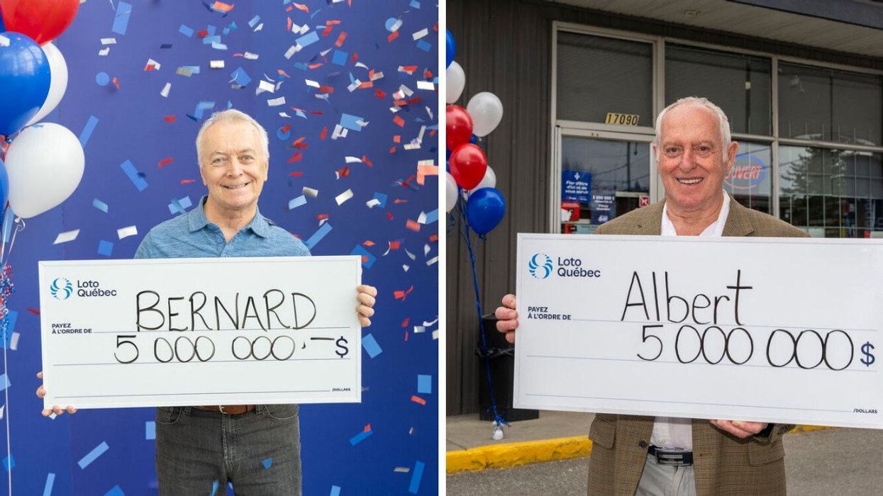 A Lotto 6/49 poses with a giant cheque. Right: A man poses with a large cheque after winning a jackpot in Quebec.