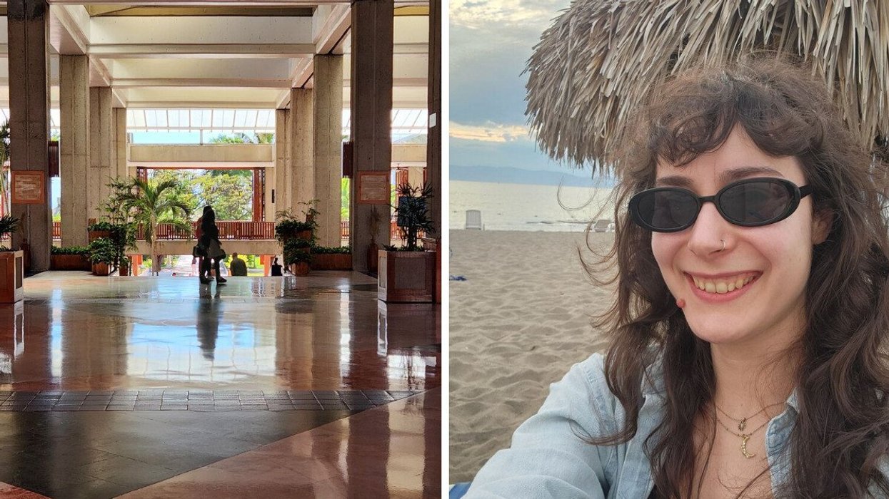 A luxury resort in Puerto Vallarta, Mexico. Right: Jenna Pearl smiles on a beach in Mexico.