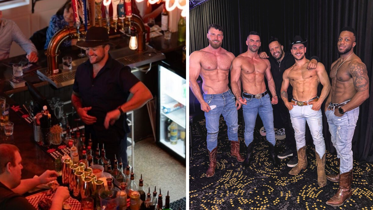 A man dressed in cowboy attire stands behind a bar. Right Four men stand topless, wearing jeans and cowboy boots.