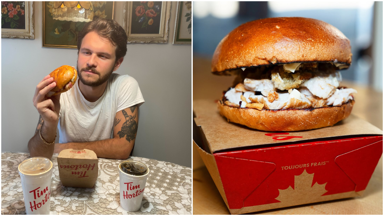 A man eats a Tim Hortons sandwich. RIght: A new Tim Hortons turkey sandwich.