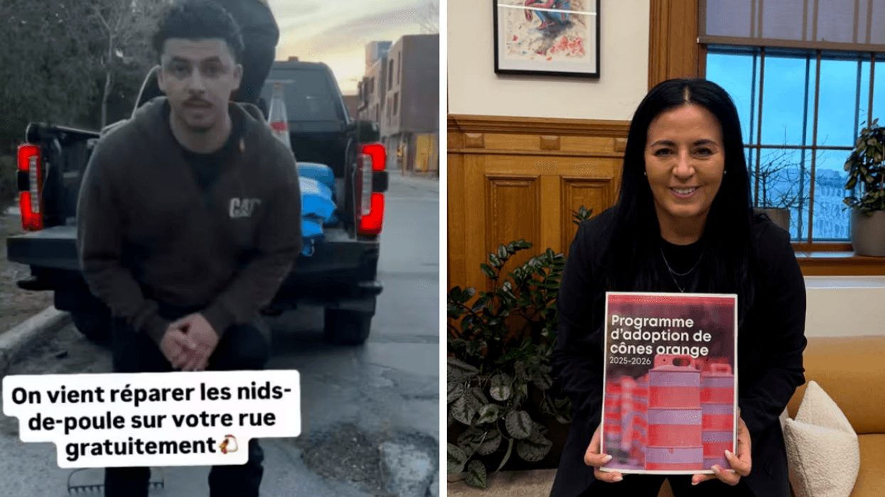 A man fills a pothole in Montreal. Right: Montreal mayor Soraya Martinez Ferrada.