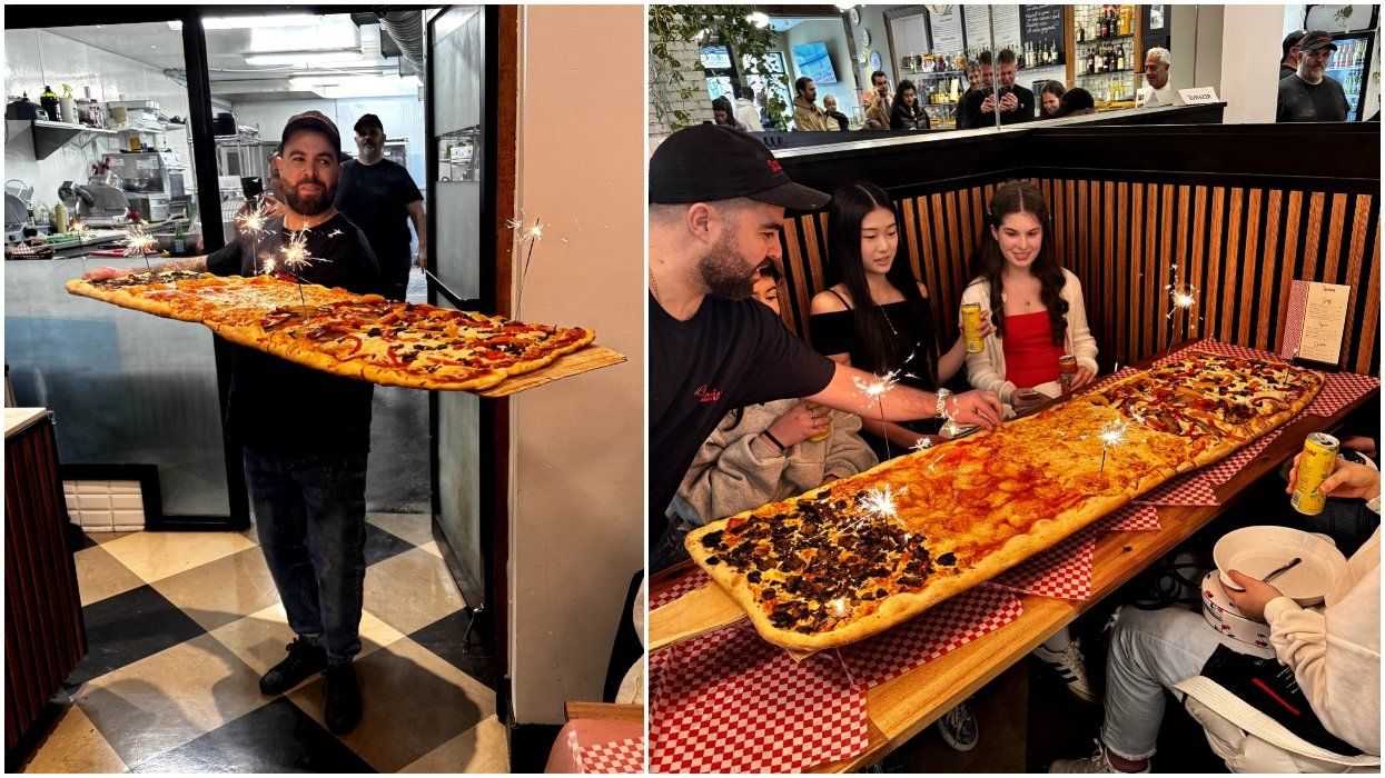 A man holding a giant pizza. Right: A pizza being served at La Scacciata in Montreal.
