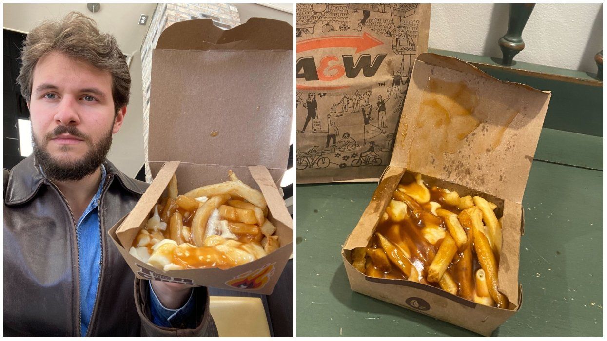 A man holding a poutine in a cardboard box. Right: A poutine from A&W.
