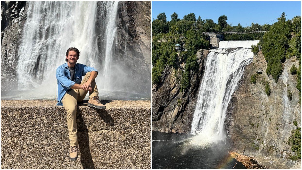 A man in front of a waterfall in Quebec. Right: Montmorency Falls, Quebec.