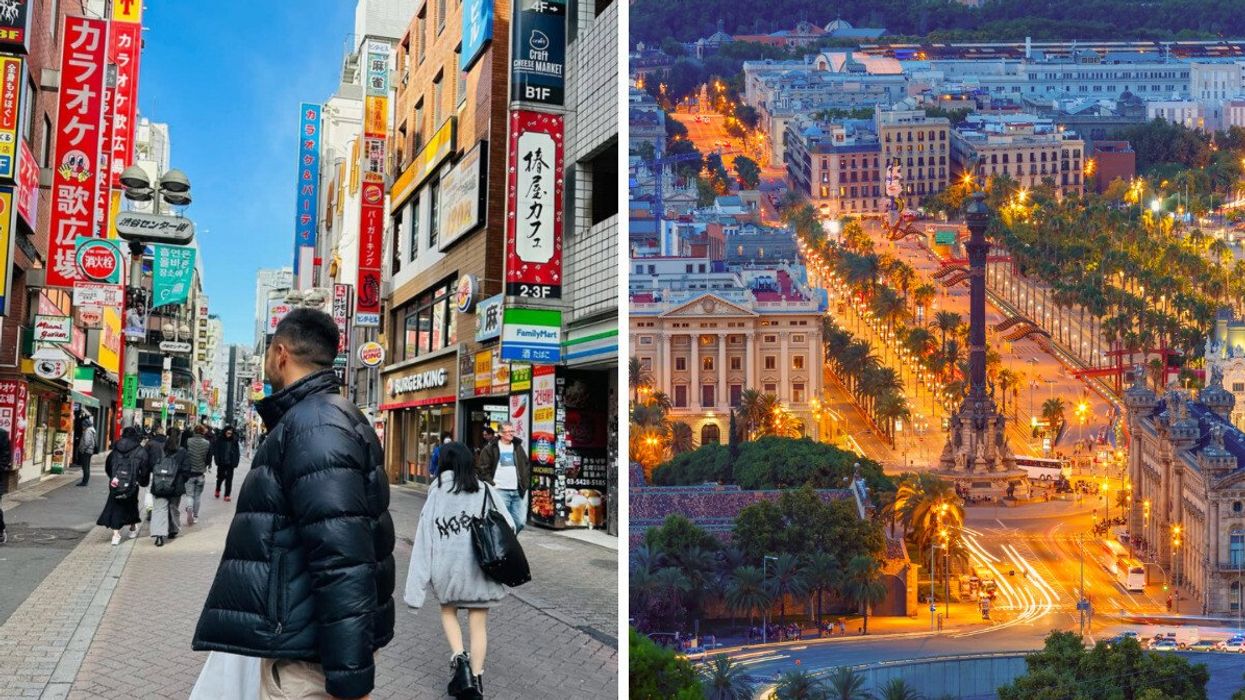 A man poses with his back to the camera in Tokyo, Japan. Right: Aerial view over the Columbus Monument at night in Barcelona, Spain.