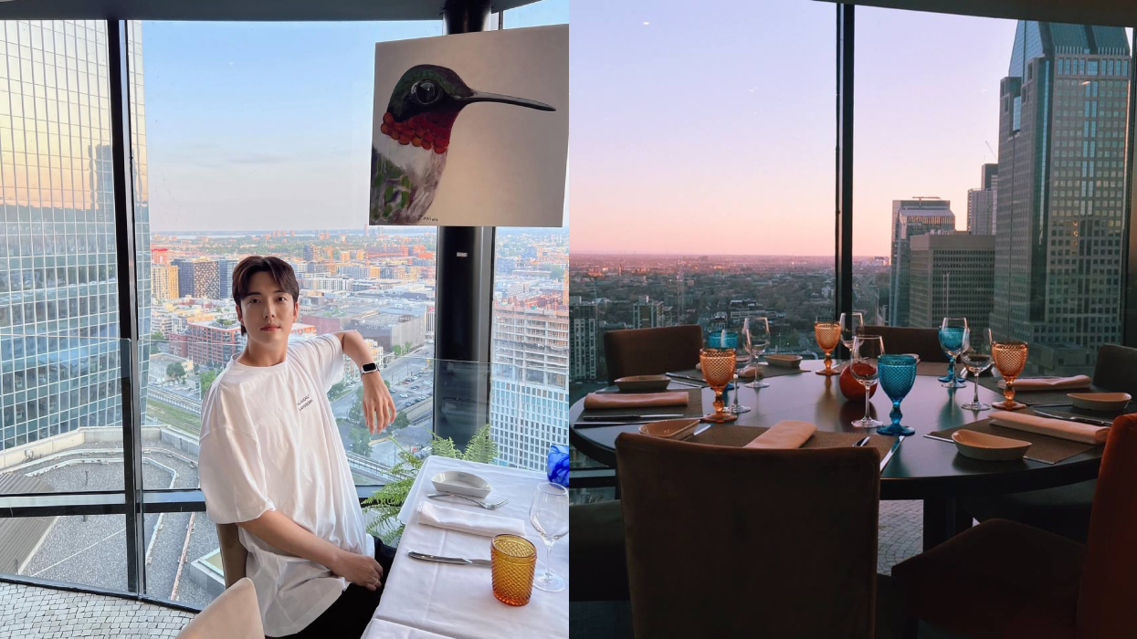 A man sits at a restaurant table. Right: The view from Montreal's Portus 360.