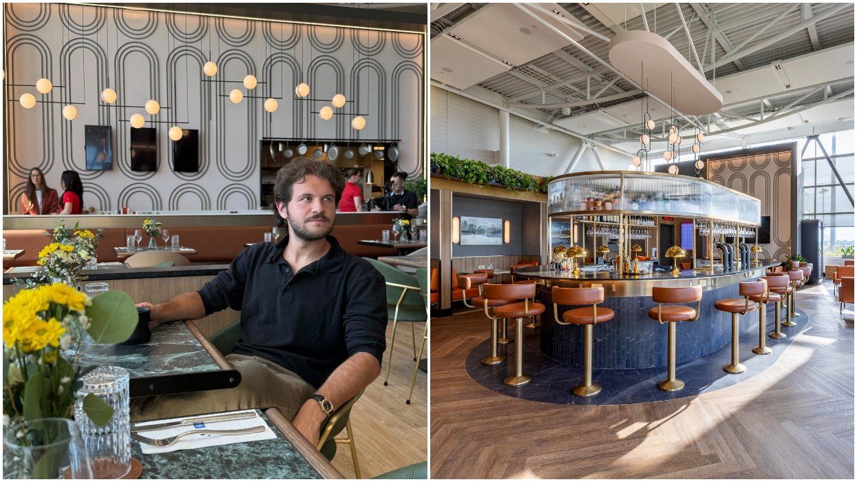 A man sits at a table with a coffee. Right: A lounge bar in Montreal Airport.