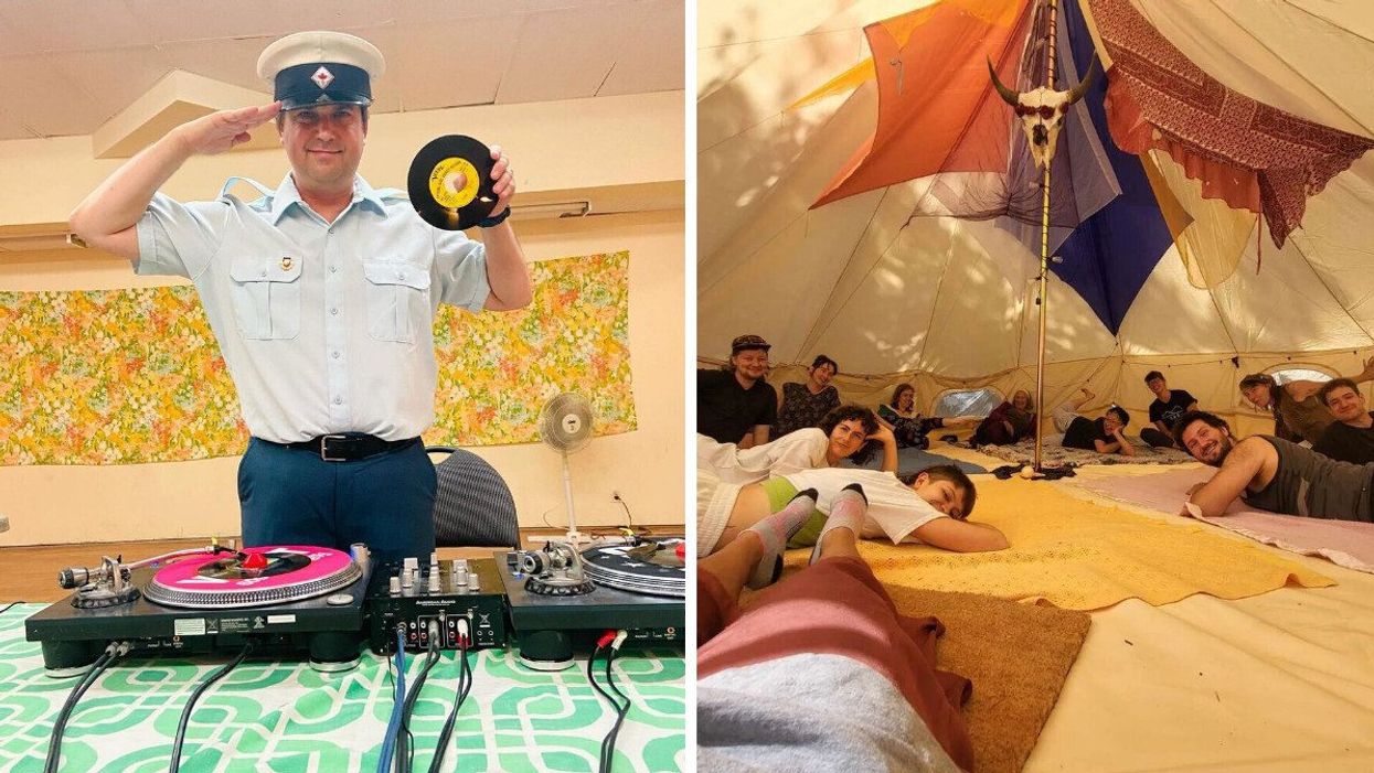 A man stands behind two turntables holding a vinyl record. Right: People lie under a bull skull in a tent.