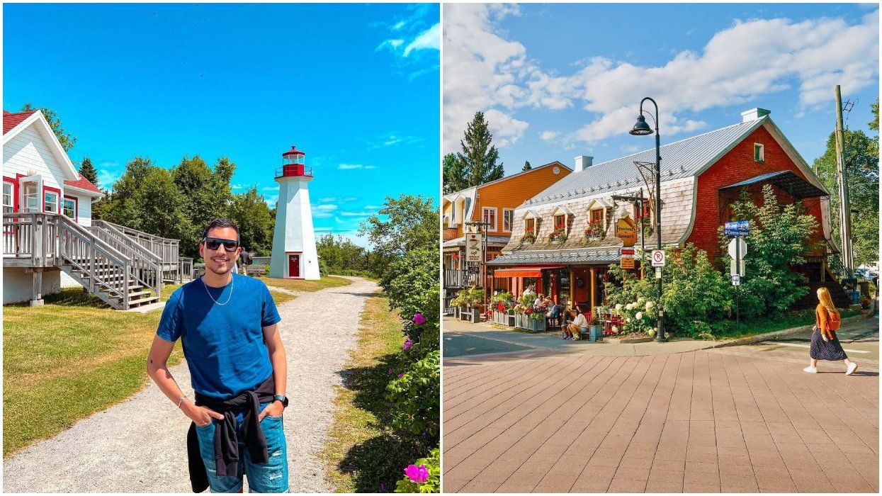 A man stands in front of a lighthouse. Right: A woman walks through Baie St-Paul.
