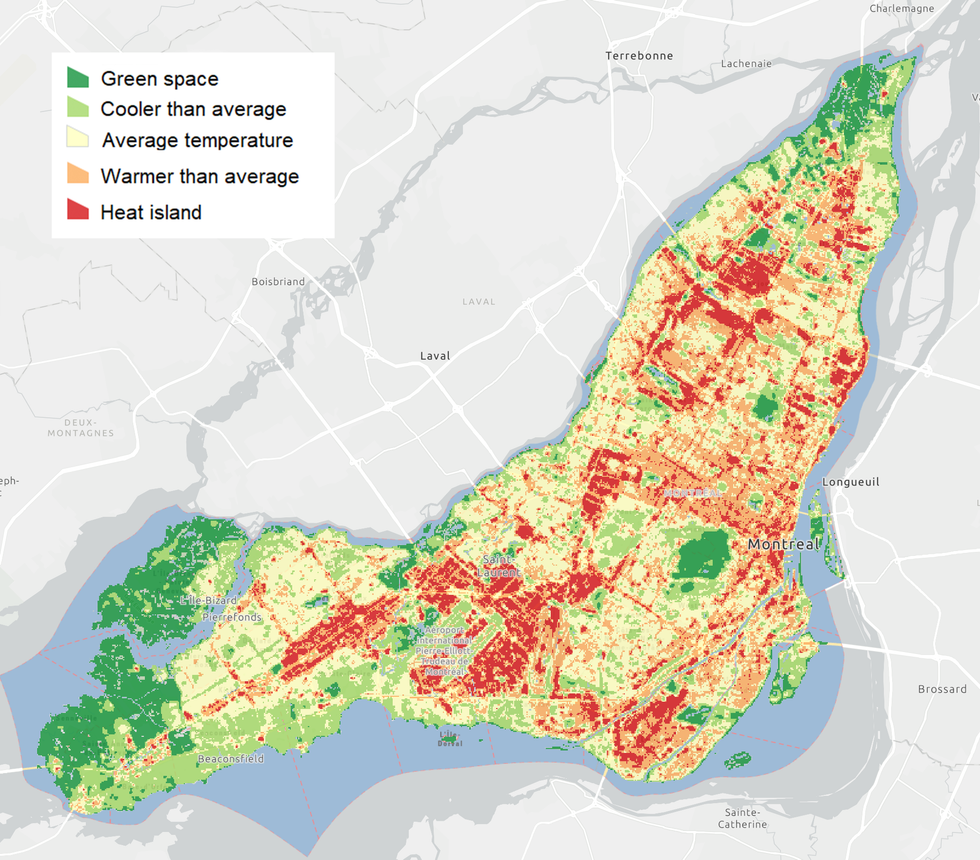 Un mapa de las islas de calor de Montreal basado en datos del 6 de julio de 2023.