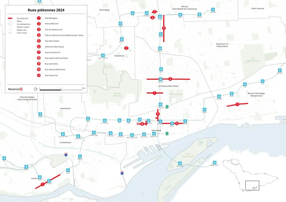 A map of Montreal's pedestrian streets coming in the summer of 2024. 