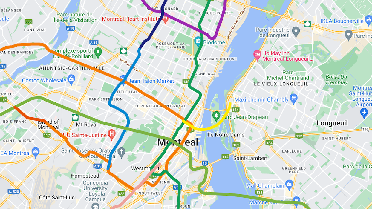 A map of Montreal showing current, under-construction and proposed rapid transit lines.