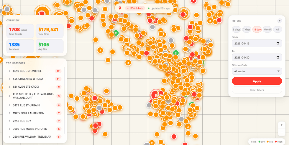 A map of parking tickets issued in Montreal over a 14-day period.