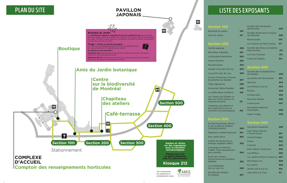 A map of the Montreal Botanical Garden plant sale and participating vendors.