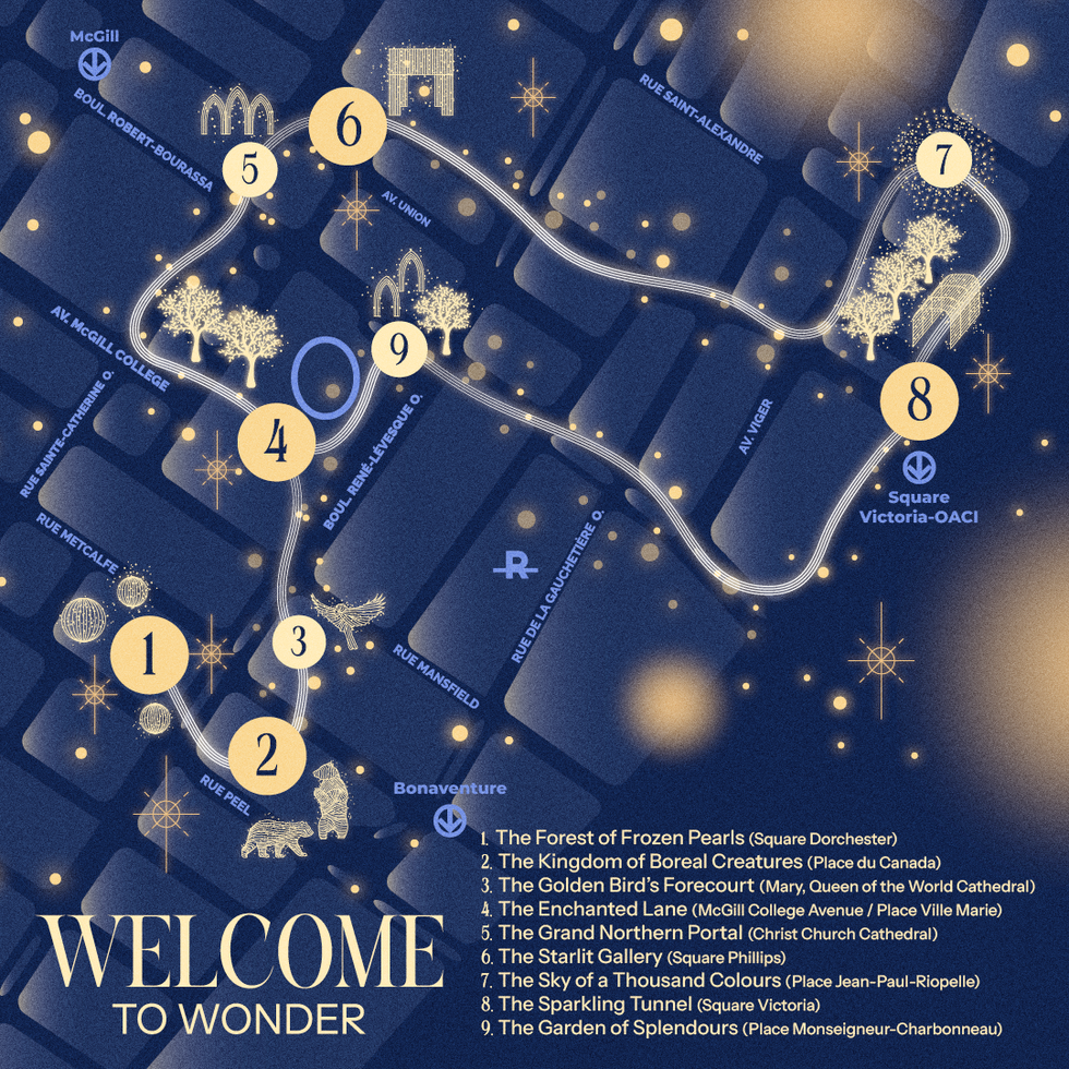 A map of Welcome to Wonder's Montreal light displays.