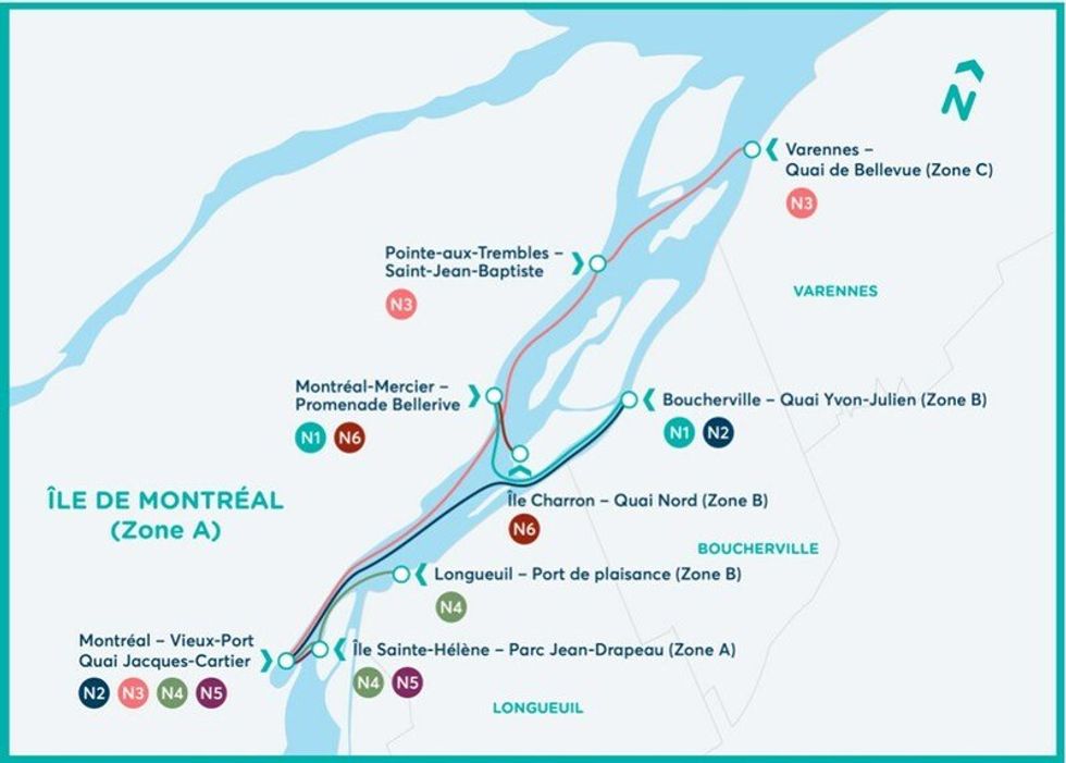 A map showing the Montreal water taxi routes.