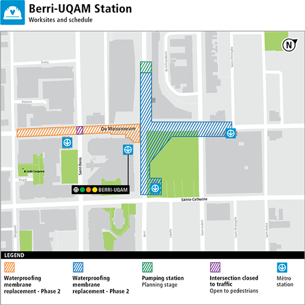 A map shows which streets near Berri-UQAM metro station will be impacted by STM renovation work.