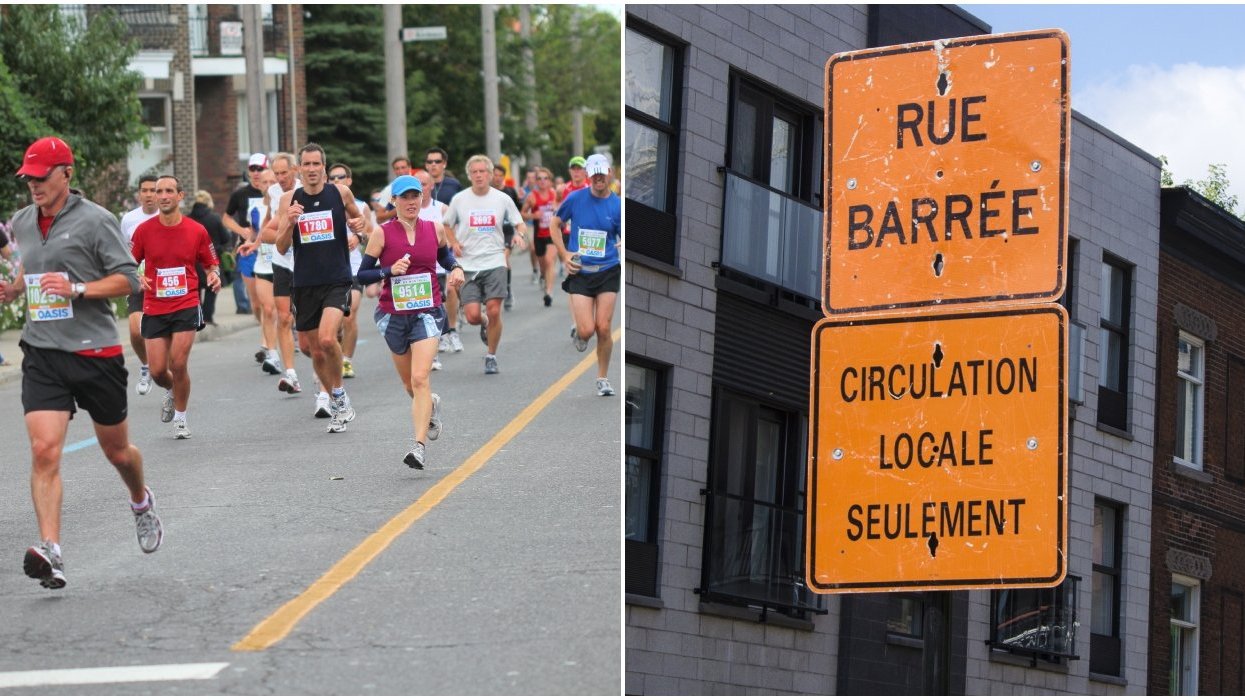 A marathon in Montreal. Right: Closed street in Montreal.