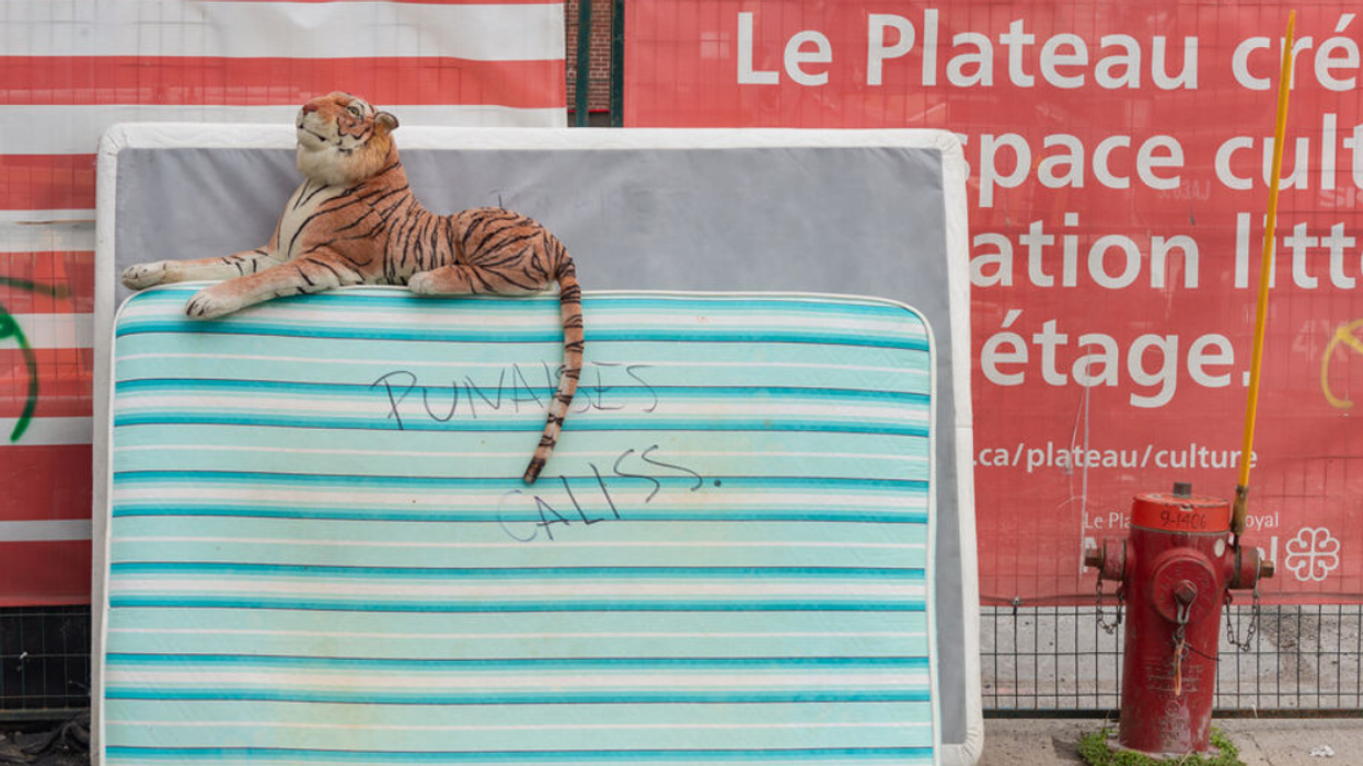 A mattress leaning on a Montreal fence in the Plateau with the words "punaises caliss" or "f**king bedbugs."
