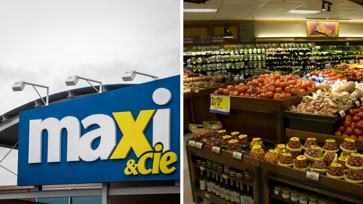 A Maxi sign in Quebec. Right: The interior of a grocery store.