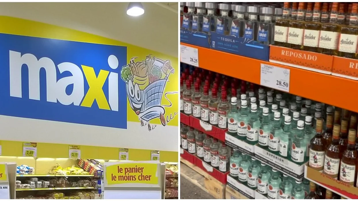 A Maxi store in Montreal. Right: A shelf of liquor at Costco.