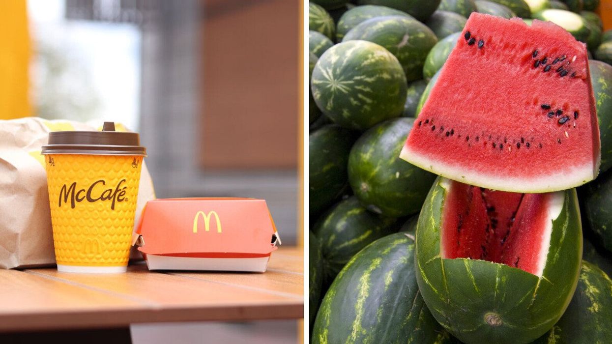 A McDonald's order on a table. Right: A stack of watermelon