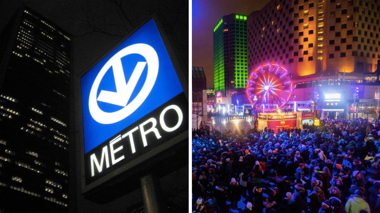 A metro sign in downtown Montreal. Right: Montréal en Lumière 2022.