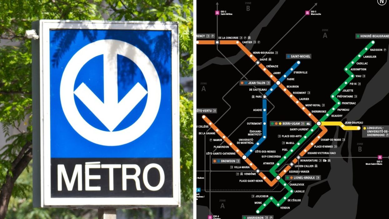 A metro sign in Montreal, Quebec, Right: The 2023 updated version of the STM metro map.