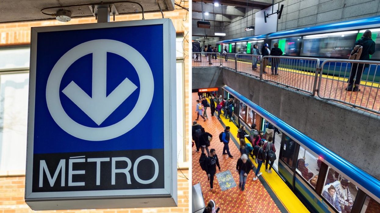 A Metro sign outside of Berri-UQAM station in Montreal's Gay Village, Right: The inside of the Lionel-Groulx Metro station as two trains pass by.