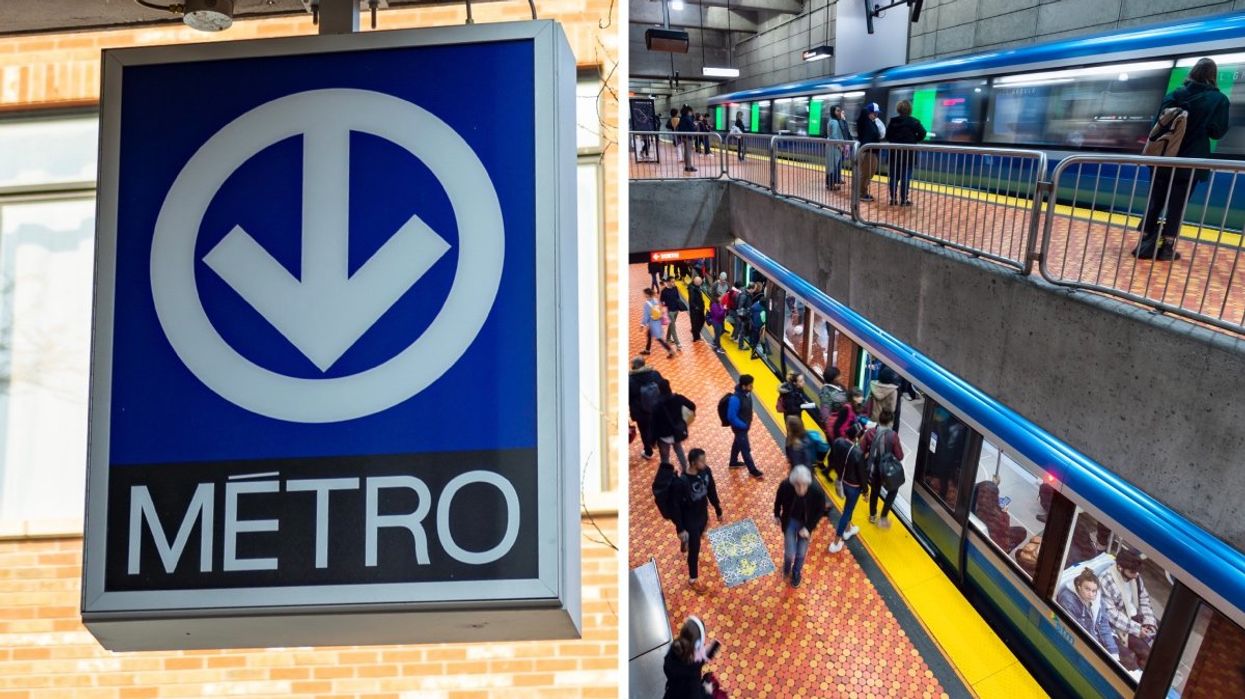 A Metro sign outside of Berri-UQAM station in Montreal's Gay Village, Right: The inside of the Lionel-Groulx Metro station as two trains pass by.