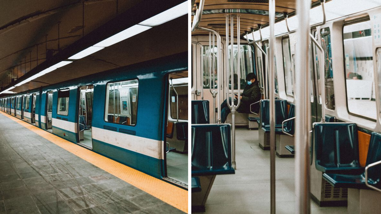 A metro train stops at a platform in Montreal. Right: the interior of a metro car in Montreal.