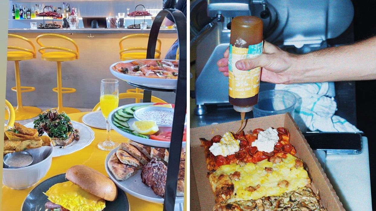 A Middle Eastern-style brunch from Babacool. Right: Someone drips spicy honey on a pizza square from Segreta.