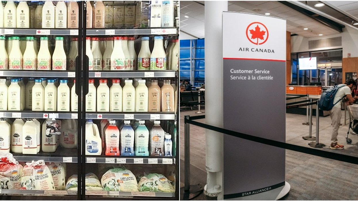 A milk fridge. Right: Air Canada section in airport.