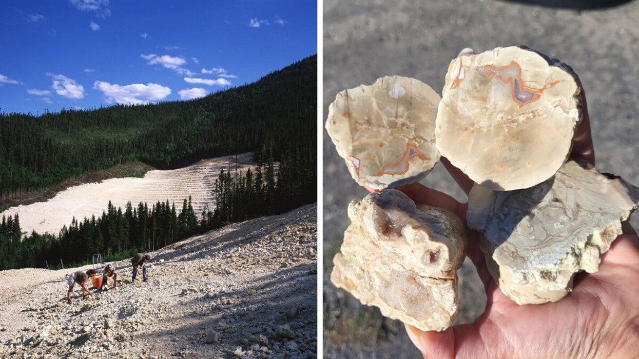 A mine in Quebec. Right: A person holds crystals from a mine in Quebec.