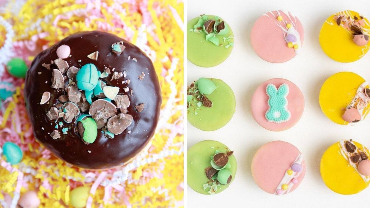 A mini egg donut on a bed of pink and yellow raffia. Right: Green, pink and yellow mini egg cheesecake bites.