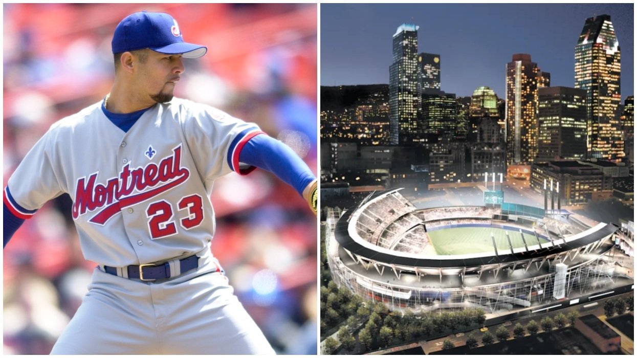 A Montreal Expos player. Right: A generated image of a baseball stadium.