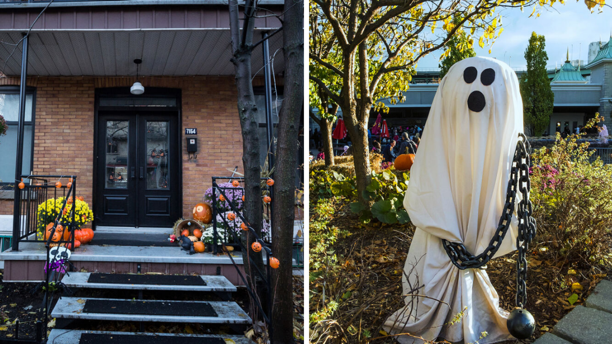 A Montreal home decorated for Halloween. Right: A ghost Halloween decoration.