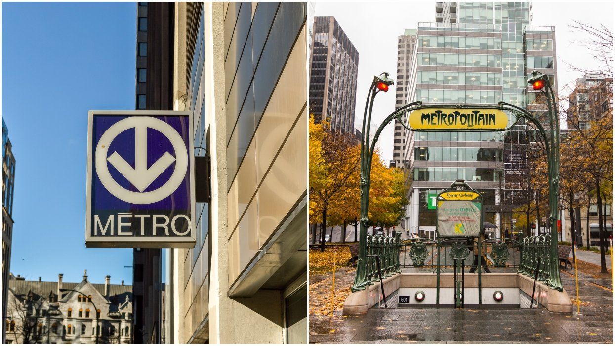 A Montreal metro sign. Right: Square Victoria subway entrance Montreal, Canada.