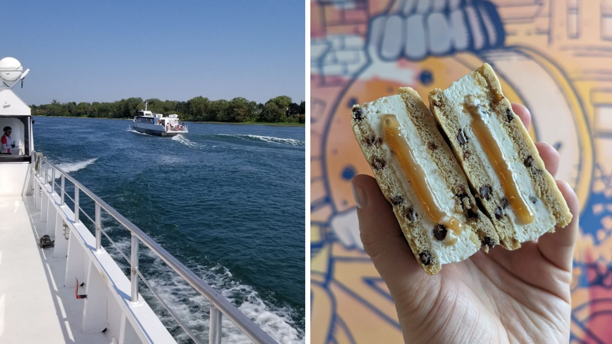 A Montreal water taxi cruising along the Saint Lawrence River. Right: Someone holds an ice-cream cookie sandwich filled with salted caramel.
